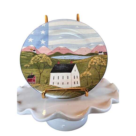 VTG Warren Kimble Americana Themed Dessert Plates Patriotic Scenes Stoneware 8" - Picture 3 of 13